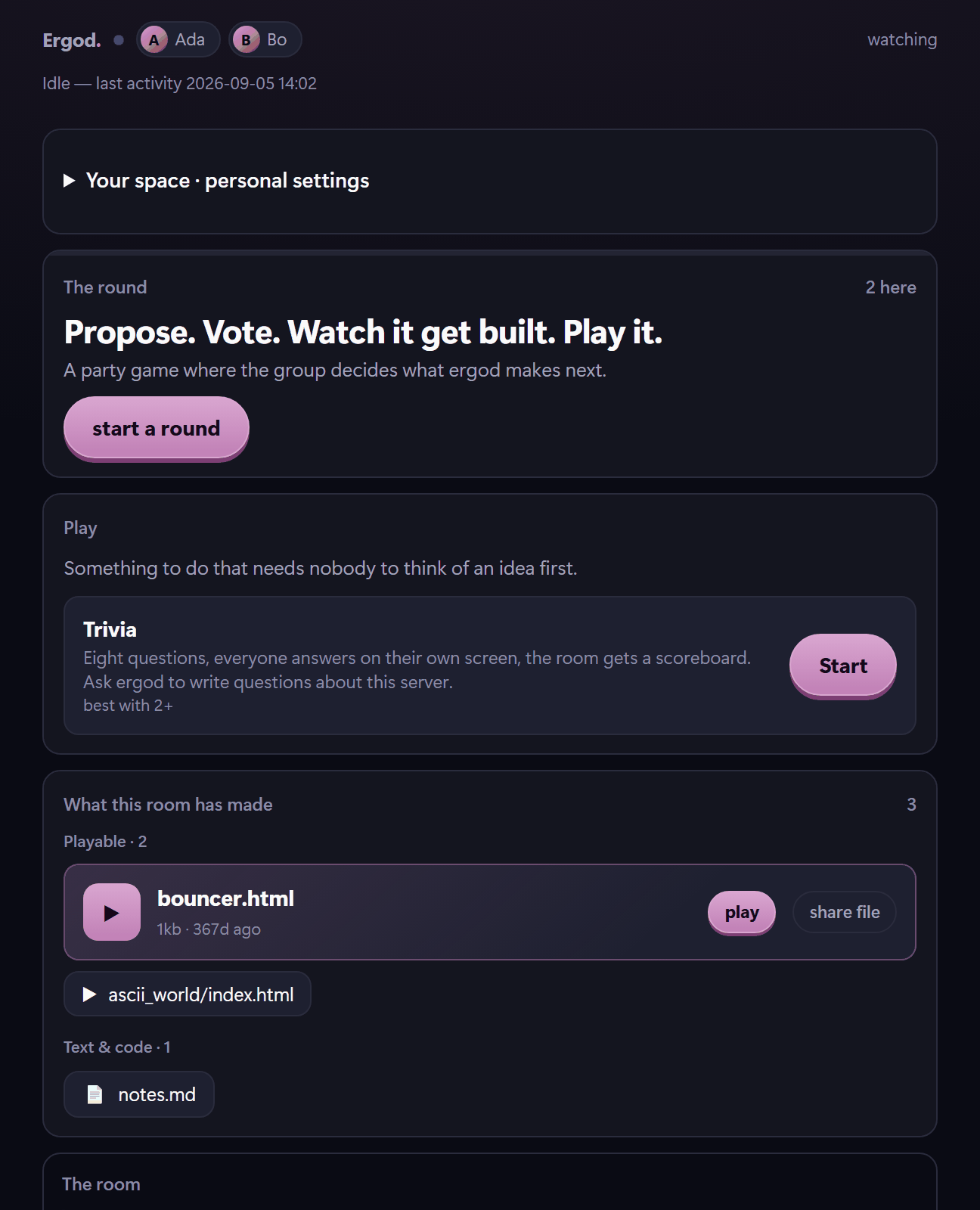 The Activity lobby in a voice channel, showing the round card at the top and the Play catalogue underneath with its Ready to play and Yours shelves.