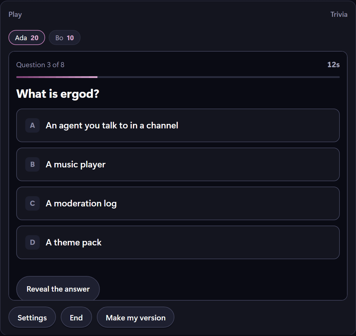 Trivia running inside the Activity panel: a question with four answers, two players listed with their scores, and the question counter in the corner.