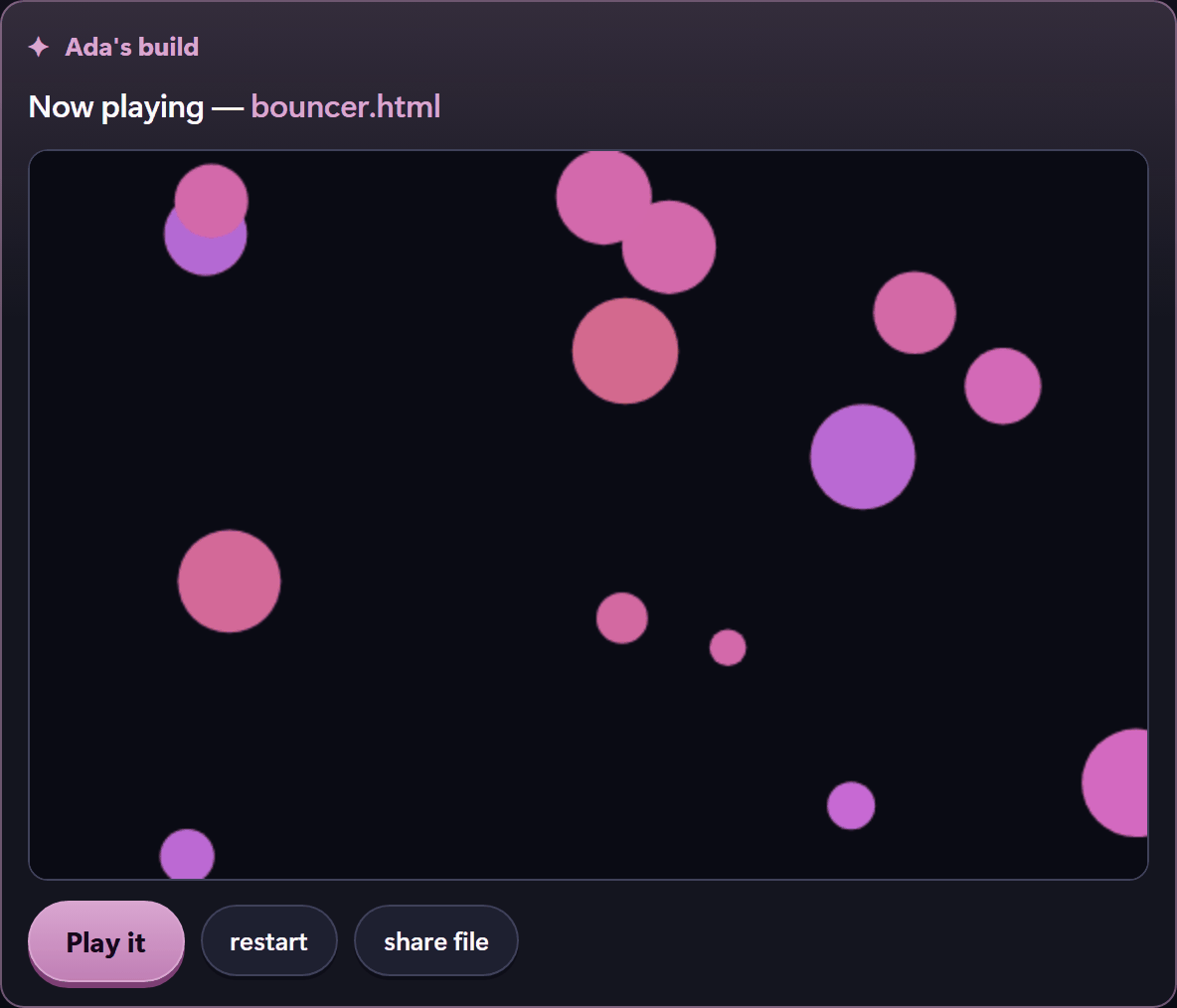 The reveal in the Activity: a built page running in a frame under the heading Now playing, with Play it, restart and share file buttons beneath it.