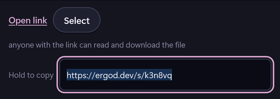 The share rung on a phone: an Open link button, a Select button, and the play link already highlighted in a box labelled Hold to copy.