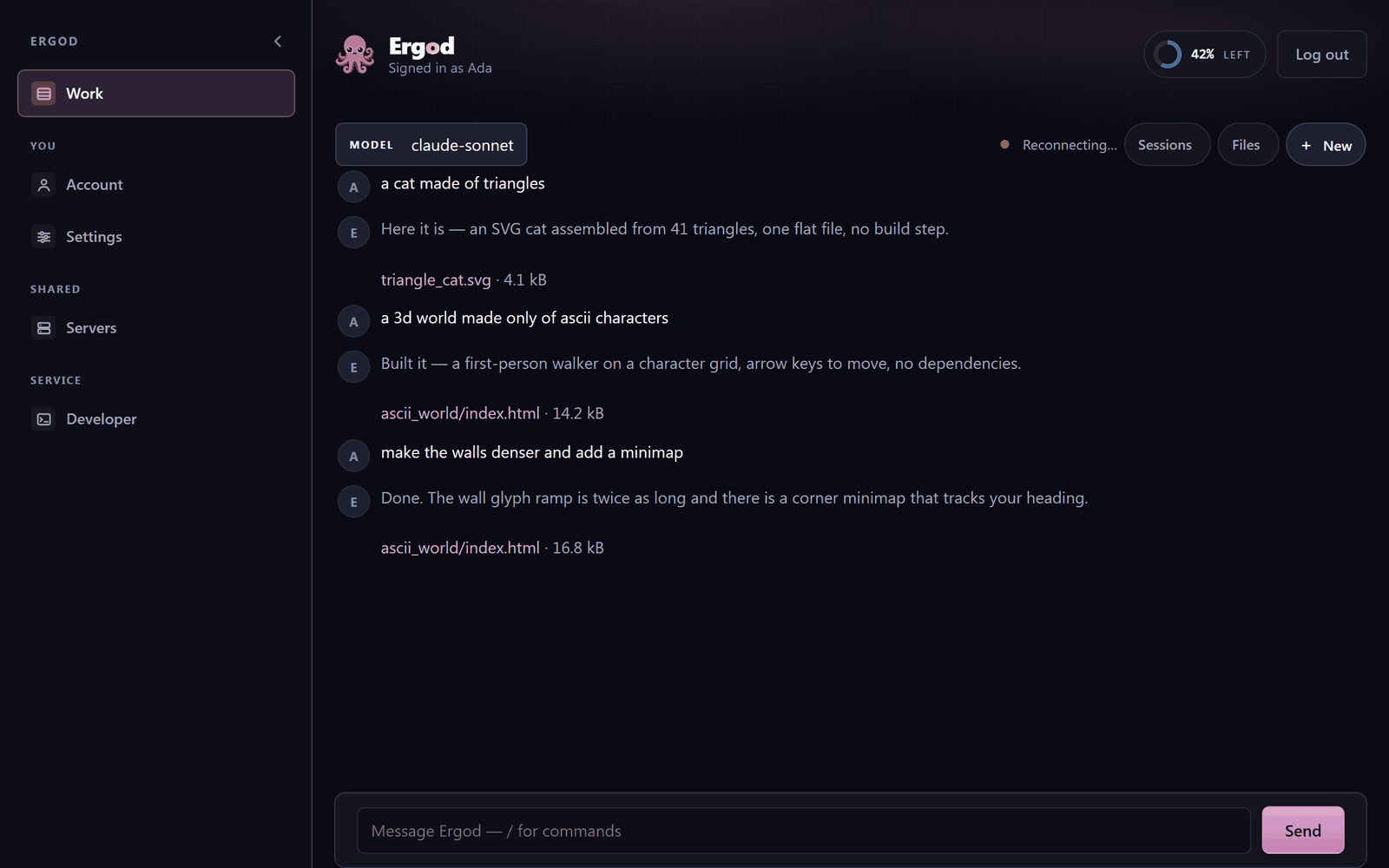 The Work surface in a browser: a sidebar with Work, Account, Settings and Servers, a model picker reading claude-sonnet, and a short conversation where each reply ends in a file row such as triangle_cat.svg 4.1 kB and ascii_world/index.html.