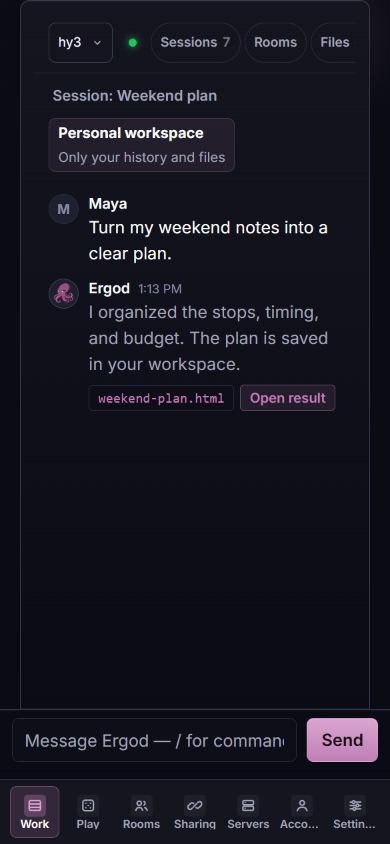 The current phone workspace: a Personal workspace label, the conversation and file link, the composer, and navigation to Work, Play, Rooms and Sharing.