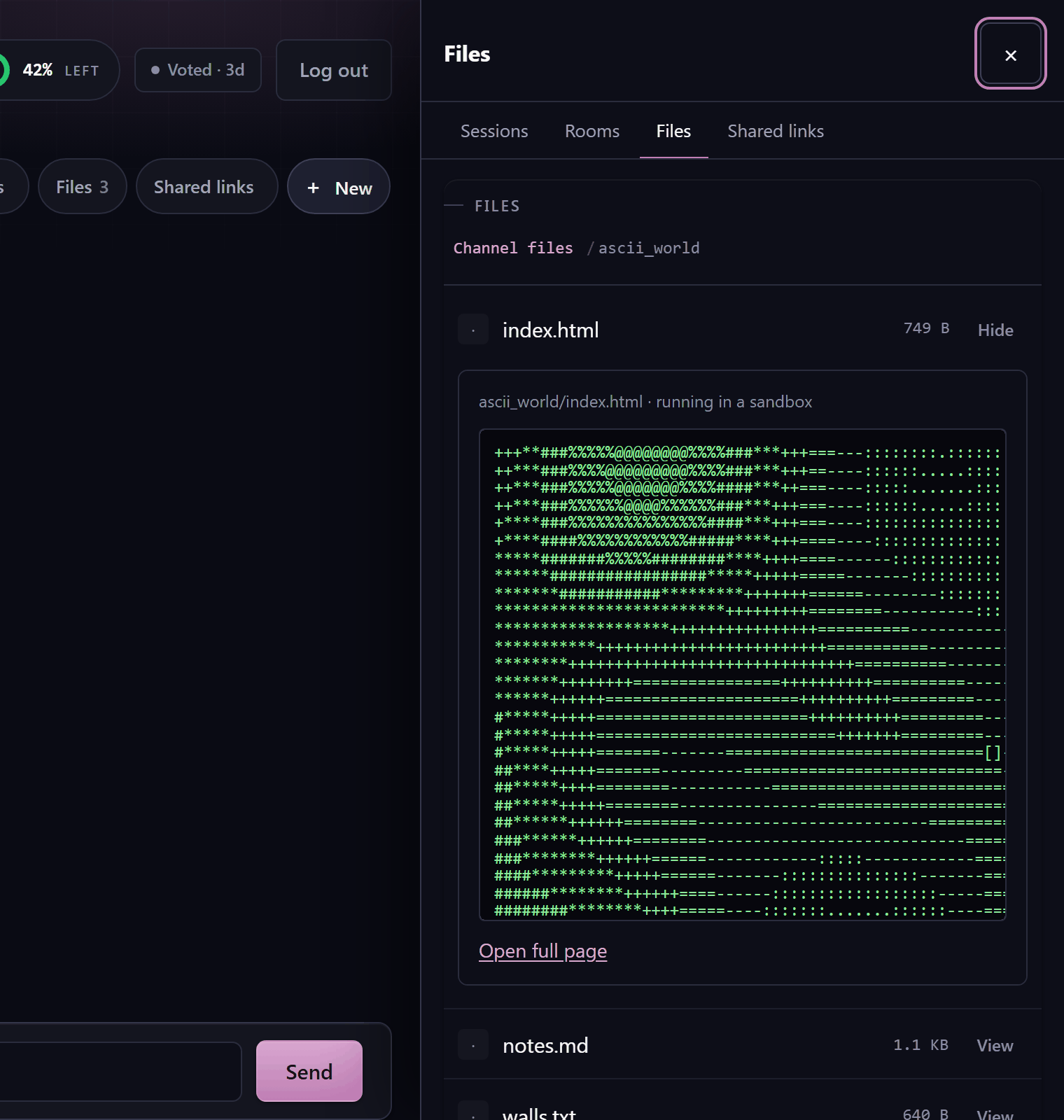 The dashboard's Files drawer open on Channel files: index.html from the ascii_world folder running inside a sandboxed frame as a green ASCII field, with notes.md and walls.txt listed under it and an Open full page link.