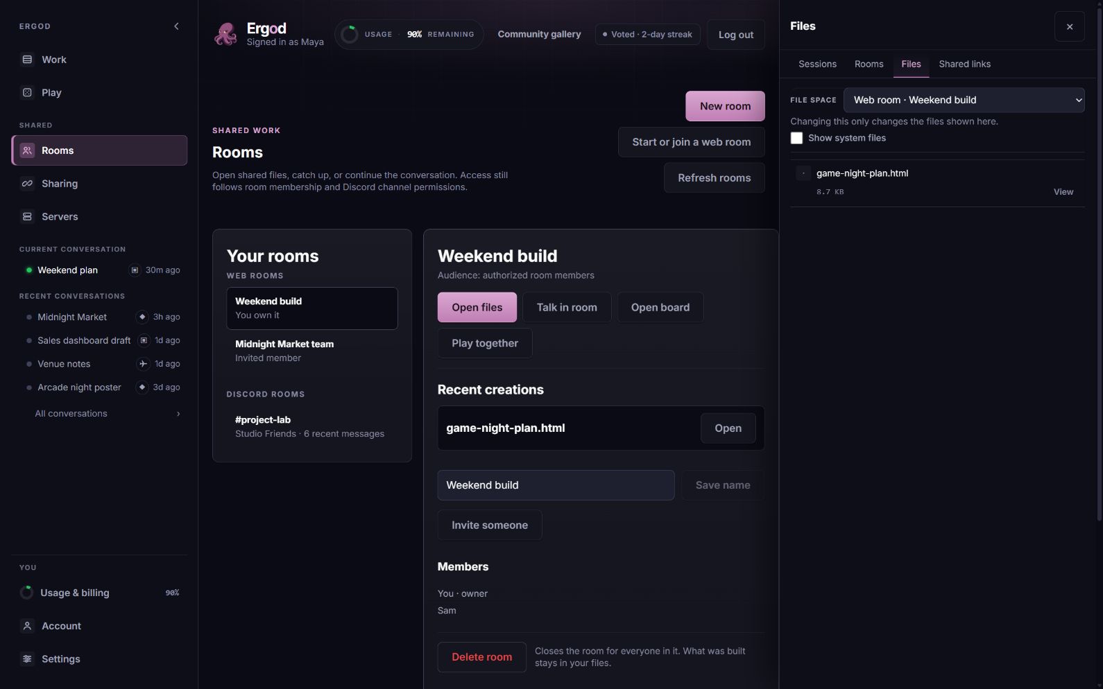 The current Rooms surface beside its Files drawer, with Weekend build selected as the file space and game-night-plan.html available to view.