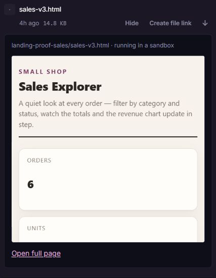 The delivered sales-v3.html in the Files drawer, with its live preview, download control, Create file link action, and Open full page link.