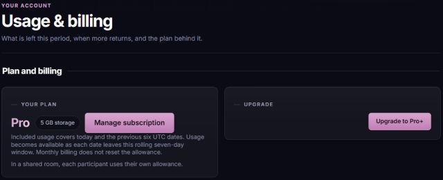 The current Pro plan panel explains its rolling seven-day usage window and that monthly billing does not reset it.