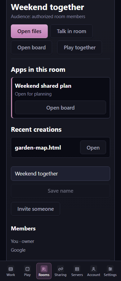 A phone-sized room view showing its member audience, the Weekend shared plan board, a delivered file, and invitation controls.