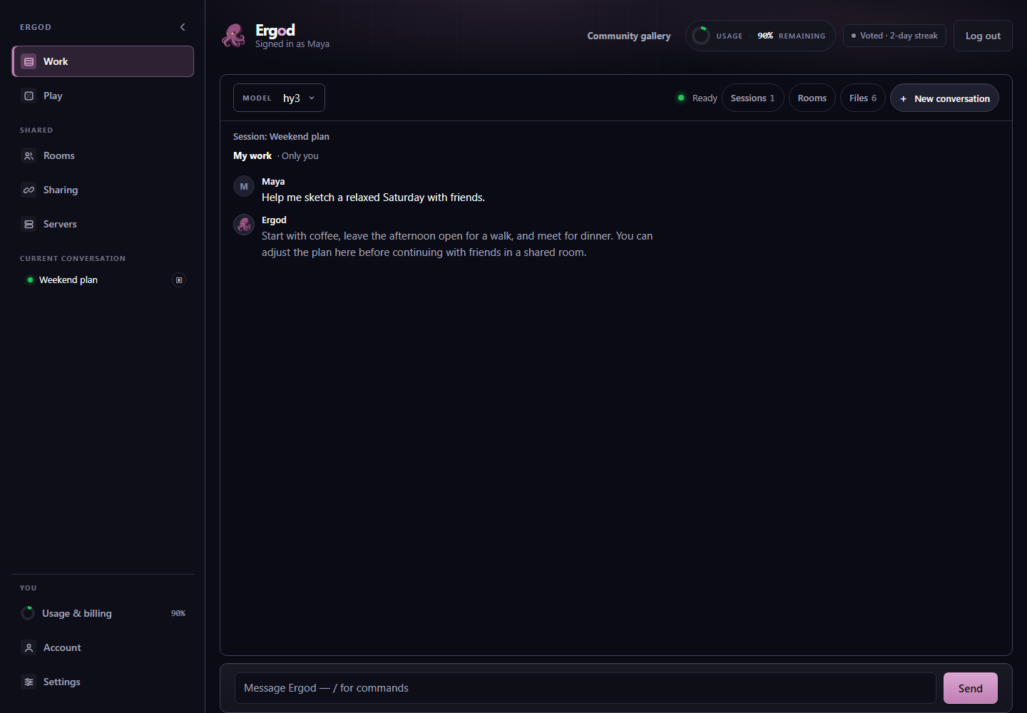 The browser dashboard shows a personal conversation with workspace and audience labels and the existing Sessions and Rooms controls.
