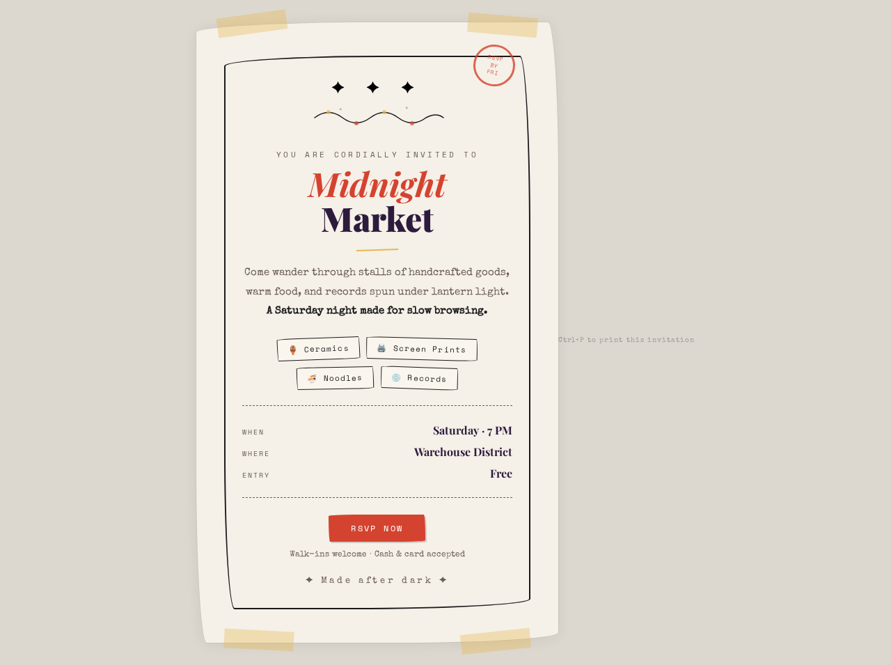 Matching Midnight Market invitation design